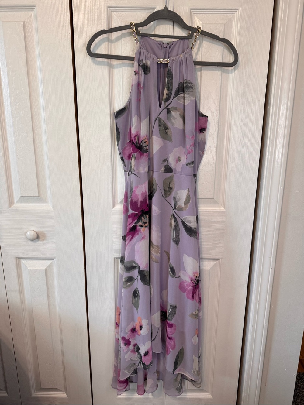 WHBM Lavender Floral Gold Chain Halter High-Low Dress Sz 2 Spring Summer Cocktai - Picture 3 of 16
